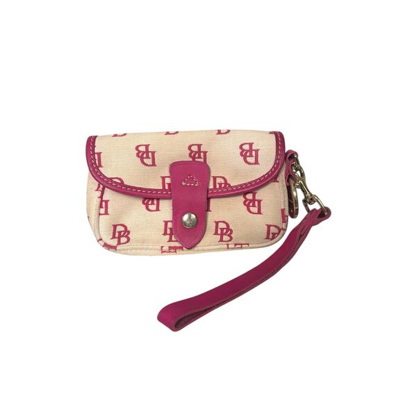 Dooney & Bourke Cream Logo Canvas Wristlet Pouch Pink Leather Trim Snap Wallet - Picture 1 of 12